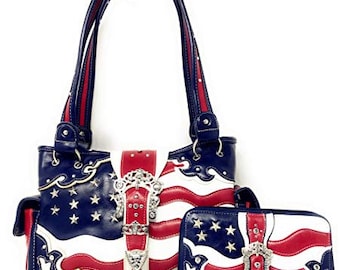 Texas west american flag rhinestone women's concealed handbags purse wallet set in multi-color