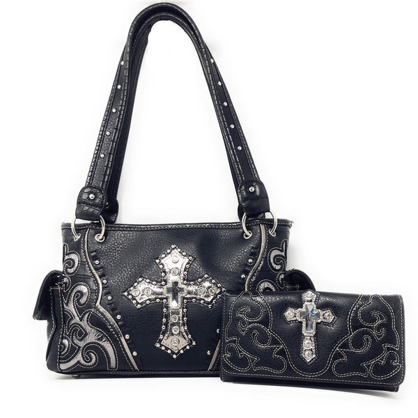 Premium rhinestone cross cut out western embroidered womens concealed carry handbag with matching wallet in 5 colors