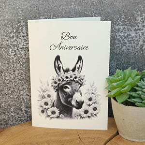 Grußkarte, Geburtstag, Klappkarte, Briefumschlag, Karte, Esel, Tier, Glückwunsch, Bon Anniversaire, Geburtstagskarte, Blumen, französisch