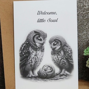 Wenskaart, geboorte, vouwkaart, met envelop, kaart, uil, dieren, felicitatiekaart, DIN A6, baby, babyuil, ouders, geboortecadeau