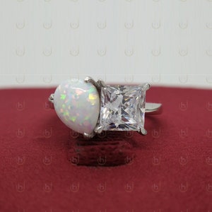 3.00 Ct Toi Et Moi Engagement Ring, Pear shaped Opal and Princess Diamond Two Stone Wedding Ring In 925 Sterling Silver Anniversary Ring