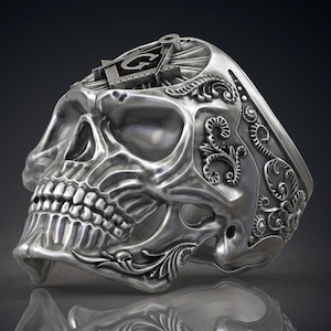 Freemason Skull Ring Masonic Ring Black Skull Ring Freemasonry Ring Knights Templar Ring Mens Skull Mason Ring In 925 Sterling Silver