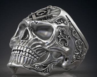 Freemason Skull Ring Masonic Ring Black Skull Ring Freemasonry Ring Knights Templar Ring Mens Skull Mason Ring In 925 Sterling Silver