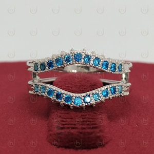 Art Deco Ring Enhancer Diamond Wedding Band Unique Round Curved Double Band Delicate Aqua Diamond Stacking Ring Jacket Promise Ring