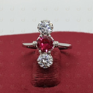 1.80 Ct Round Cut Diamond & Ruby Art Deco Engagement Ring, Three Stone Ring, Vintage Ring, Wedding Ring, Antique Anniversary Ring