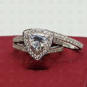 2.10 Ct Trillion Cut Diamond Engagement Ring Set, Trillion Shaped Halo Ring, Wedding Bridal Ring, Split Shank Ring, Promise Ring Set