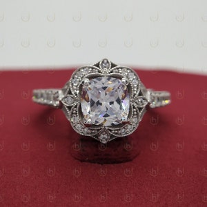 Vintage Edwardian Cushion Cut Diamond Engagement Ring 2.00 Ct Diamond Halo Art Deco Ring Sterling Silver Vintage Antique Ring For Women