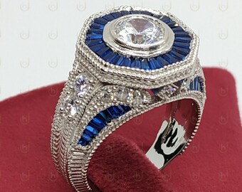 3.29 Cts Round Cut Diamond and Sapphire Vintage Style Engagement Ring - Halo Sapphire Ring - Art Deco Ring - Wedding Ring For Women