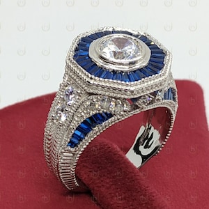 3.29 Cts Round Cut Diamond and Sapphire Vintage Style Engagement Ring - Halo Sapphire Ring - Art Deco Ring - Wedding Ring For Women