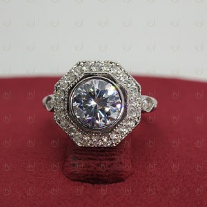 Vintage 2.00 CT Round Diamond Halo Wedding Ring/ Wire Shank Art Deco Engagement Ring / Bezel Set Wedding Ring In 925 Sterling Silver Ring