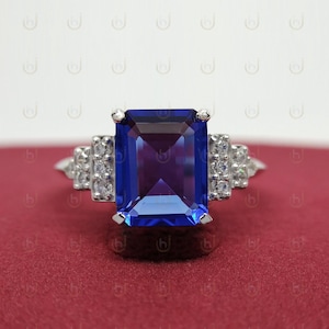 Art Deco 4.00 Ct Emerald Cut Sapphire Engagement Ring, Sapphire Gemstone Ring, Vintage Wedding Ring For Womens Sapphire Solitaire Ring