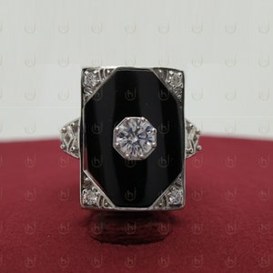 Onyx Art Deco Engagement Ring, 1.00 Ct Round Sterling Silver Engagement Ring, Art Deco Ring, Anniversary Ring, Promise Ring For Gift