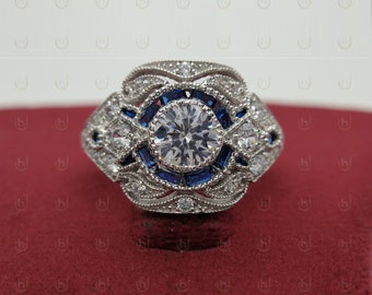 Art Deco Ring White Round & Baguette Blue Sapphire Halo Engagement Ring, Vintage Diamond Engagement Statement Ring Vintage Art Deco Ring