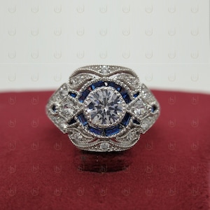 Art Deco Ring White Round & Baguette Blue Sapphire Halo Engagement Ring, Vintage Diamond Engagement Statement Ring Vintage Art Deco Ring
