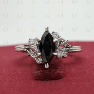1.50 Ct Marquise Onyx Diamond Engagement Ring Black Marquise Diamond Ring Anniversary Ring Vintage Diamond Ring Art Deco Ring Proposal Gift