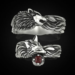 Wolf Fox Band Wedding Ring Set Wolf Couple Set His and Her Wolf Matching Ring Alternative Engagement Wedding Ring Wolf Lovers Gift Fox Ring