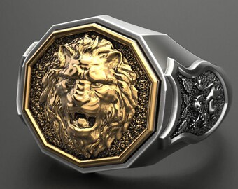 Anillo de compromiso de cabeza de león único para hombre Biker en plata de ley 925 Anillo de hip hop Anillo de león Anillo de cara de león Anillo de animal salvaje Regalo para él