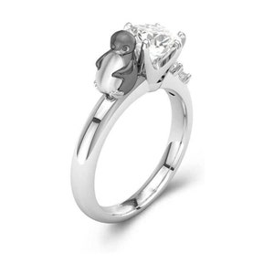 Penguin Engagement Ring, 2.00 Ct Round Cut Diamond Penguin Rings, Sterling Silver Penguin Rings, Penguin Lover Rings, Penguin Wedding Rings