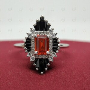 SunBurst Halo Emerald Cut Citrien diamanten verlovingsring voor haar. Onyx diamanten Halo verlovingsring. Citrien geboortesteenring. Trouwring.