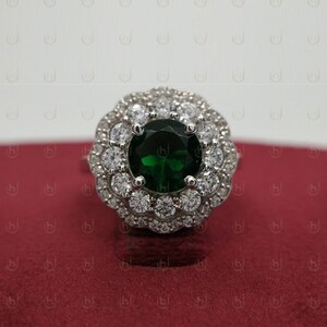2.00 Ct Round Cut Emerald Ring Art Deco Vintage Halo Engagement Ring, Ethical European Engagement Ring In 925 Sterling Silver For Women