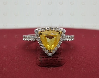 Citrine Engagement Ring/ Trillion Cut Halo Diamond Ring/November Birthstone/Half Eternity Band/Anniversary Wedding Gift/Sterling Silver Ring