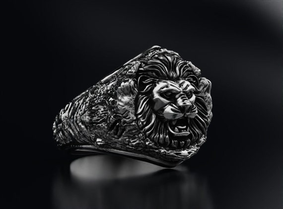 Lion Sterling Silver Men's Signet Ring, Lion 925 Silver Man Ring