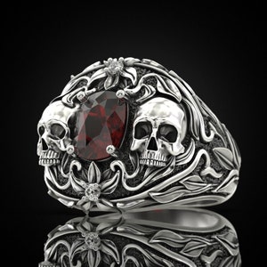 Two Face Skull Ring, Oval Garnet Diamond Engagement Ring, Gothic Skull Ring In Sterling Silver Ring Life and death, Skull Wedding Ring Gifts