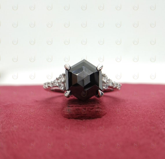 Hexagon Black Onyx Ring, Vintage Sterling Silver Ring, Unique 