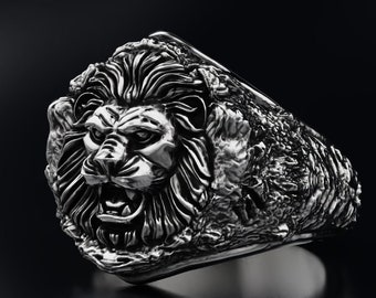 Anillo de sello de hombre de plata esterlina de león, anillo de hombre de plata de león 925, anillo de hombre de león, joyería de hombre de león salvaje, anillo de banda de boda, regalo para él