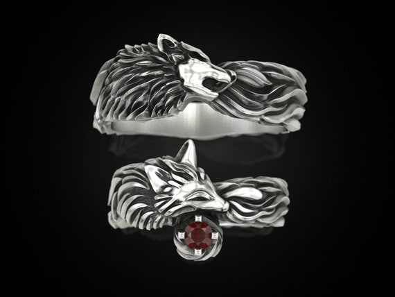 Wolf Fox Band Wedding Ring Set Wolf Couple Set His and Her Wolf