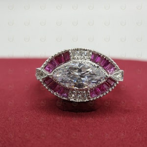 Art Deco Style Ring, Bezel 2.5 Cts White Marquise Cut Diamond & Ruby Vintage Art Deco Ring, Antique Engagement Ring, Art Deco Wedding Ring