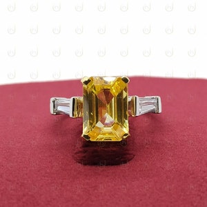 3.40 Ct Fancy Yellow Emerald Cut Diamond Simulants Engagement Wedding Ring In 925 Sterling Silver - Three Stone Ring - Bridal Ring