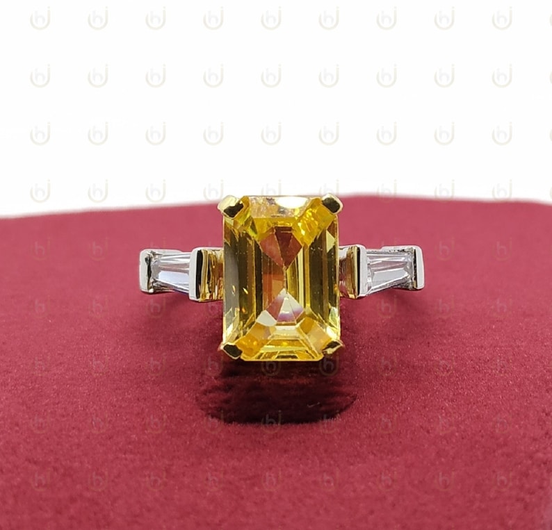 3.40 Ct Fancy Yellow Emerald Cut Diamond Simulants Engagement Wedding Ring In 925 Sterling Silver Three Stone Ring Bridal Ring