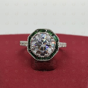 2.00 Carat Antique Round Cut Diamond with Emerald Halo Engagement Ring Sterling Silver, Diamond Vintage Ring, Art Deco Ring, Gift for Her