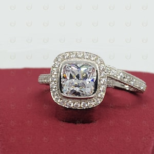 2.60 Ct Cushion Bezel Set Engagement Ring, Wedding Bridal Set, Cushion Solitaire Ring, Halo Bezel Set Wedding Bridal Anniversary Gift