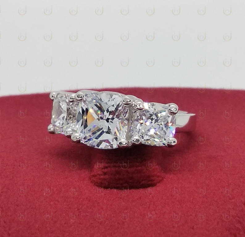 Wedding Ring For Womens 4.29 Ct Cushion Cut Diamond Simulants Engagement Ring 925 Sterling Silver Anniversary Ring Three Stone Ring