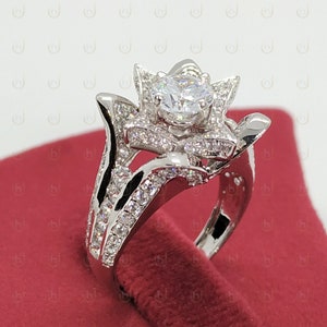 2.17 Ct Round Cut Diamond Simulants Flower Rose Lotus Engagement Ring 925 Sterling Silver - Beauty Ring - Natural Inspired - Flower Ring