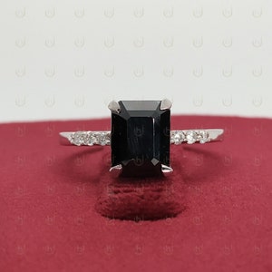 2.50 Ct Emerald Cut Black Onyx Engagement Ring, Vintage Black Diamond Cluster Engagement Ring, Wedding Bridal Anniversary Gift For Women