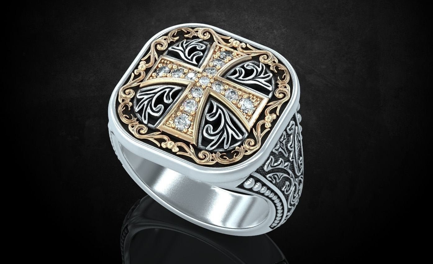 New Mens Patterns With Cross Ancient Ring in 925 Sterling Silver ...