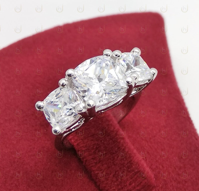 Wedding Ring For Womens 4.29 Ct Cushion Cut Diamond Simulants Engagement Ring 925 Sterling Silver Anniversary Ring Three Stone Ring