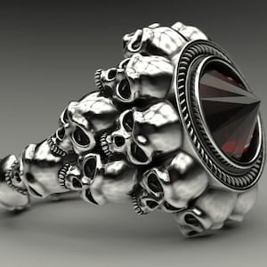Simulants de diamants ronds rouges de 4,00 cts, gothique inversé, tête de mort unique, bague motard pour homme, bague gothique, cadeau pour lui, bague de fiançailles, bague hip hop