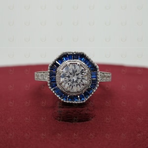 Target Halo Art Deco Ring White Round & Baguette Blue Sapphire Engagement Ring, Vintage Diamond Engagement Ring Vintage Art Deco Ring