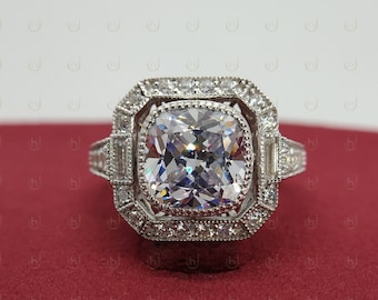 4.53 Carat Antique Cushion Cut Diamond - Sterling Silver Art Deco Ring - Bezel Ring - Wedding Engagement Ring - Art Deco Ring For Women