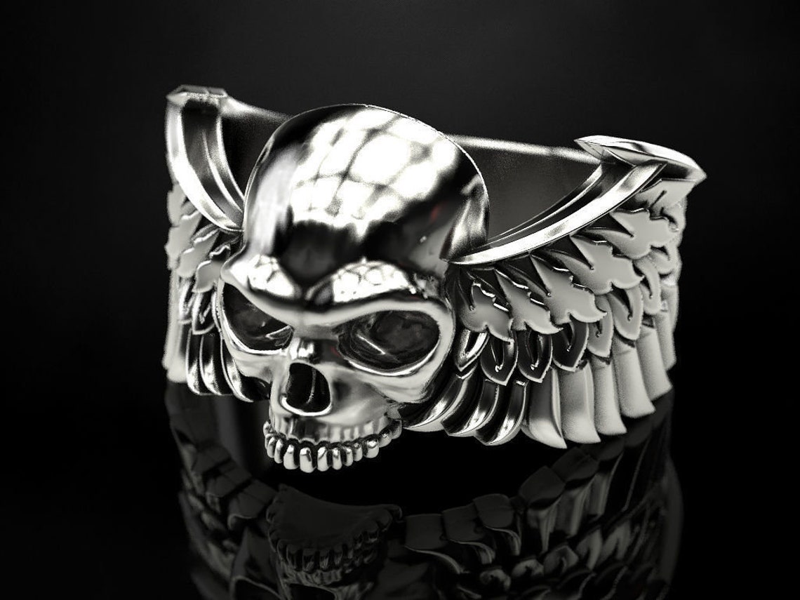 Skull Wings Ring Rider Skull Ring Skull Half Jaw Ring Wings Etsy