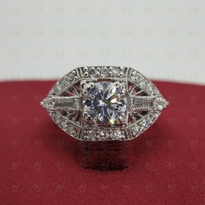 Anel Art Déco, anel de diamante de corte redondo de 2 quilates, anel de mina antiga, anel de aniversário de casamento vintage para mulheres e meninas, joias Art Déco