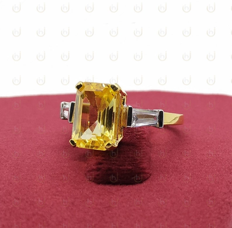 3.40 Ct Fancy Yellow Emerald Cut Diamond Simulants Engagement Wedding Ring In 925 Sterling Silver Three Stone Ring Bridal Ring