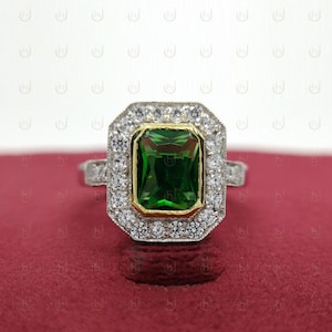 Fede nuziale di fidanzamento Art Déco con smeraldo verde da 2,50 ct in argento sterling 925, regalo di anniversario antico, anello Target Halo di proprietà