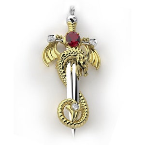 Dragon on Sword Pendant In Two Tone 925 Sterling Silver Men Dragon Necklace Unisex Silver Sword Pendant Dragon Silver Pendant Sword Necklace