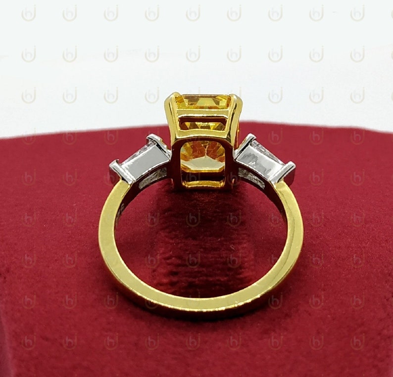 3.40 Ct Fancy Yellow Emerald Cut Diamond Simulants Engagement Wedding Ring In 925 Sterling Silver Three Stone Ring Bridal Ring