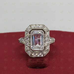 Bague de fiançailles Art déco antique émeraude 2,30 carats, bague de mariage lunette, bague de style vintage, bague Halo, bague minimaliste, bague de style art déco